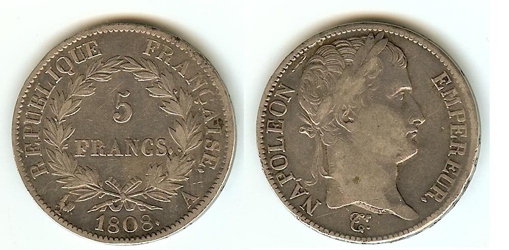 5 Francs Empereur Napoléon 1808A Paris TB+ à TTB